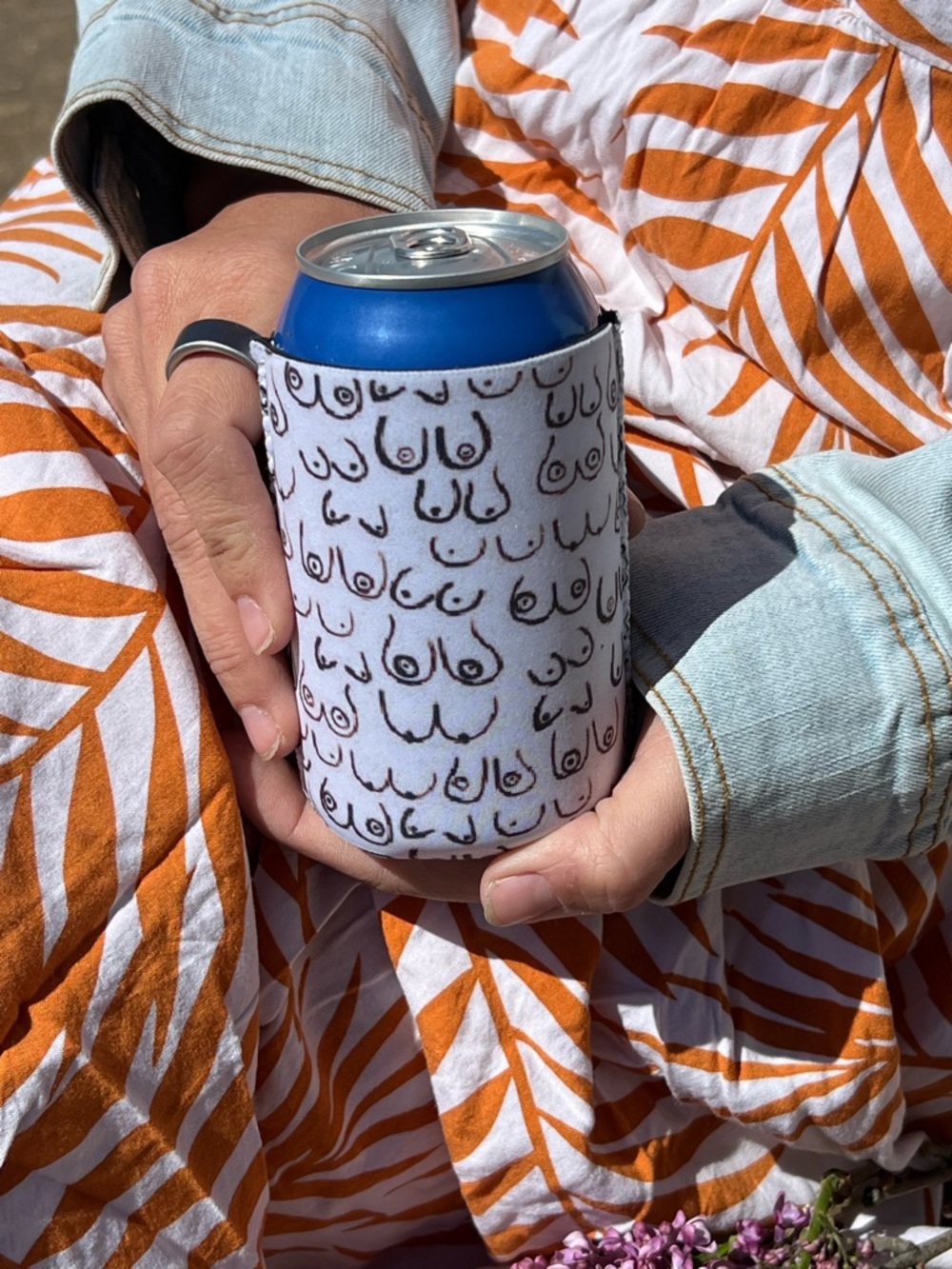 Boob Print Can Cooler Koozie - White with Black Sketches